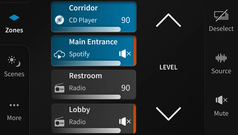 WM Touch Zones screen: Corridor, Main Entrance, Restroom and Lobby with source, level and mute