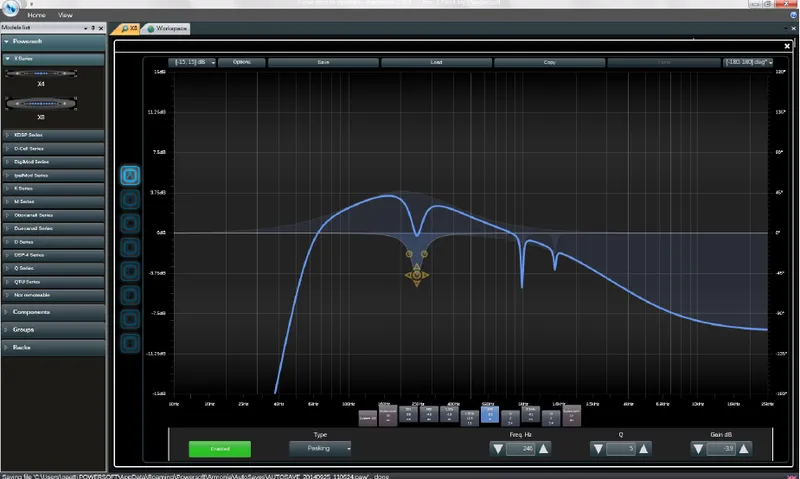 Armonía equalizer window with a frequency response curve and the X4 and X8 in the model list