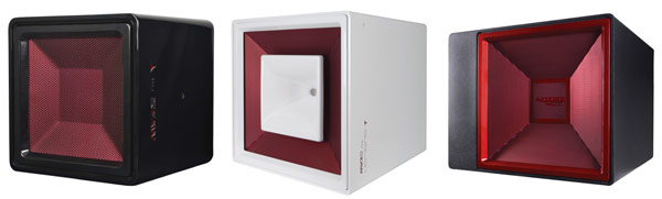 Three cube-shaped loudspeakers with square horn fronts, in black, white and black