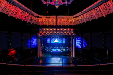 Avalon Hollywood seen from the balcony: stage with DJ booth, Avalon sign and ornate ceiling lights