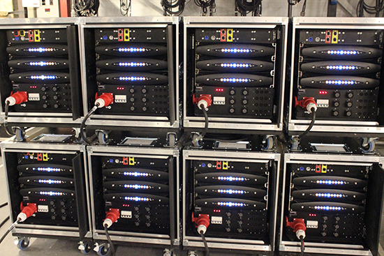 Eight touring racks, each with three Powersoft X8 amplifiers