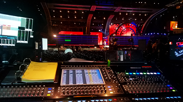 Digital mixing console facing the stage and seating of the 58th GRAMMY Awards