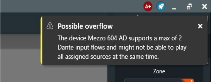 ArmoníaPlus overflow warning: Mezzo 604 AD supports a maximum of 2 Dante input flows