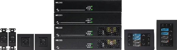 Four stacked Mezzo amplifiers with four wall plates and two wall-mounted touch panels