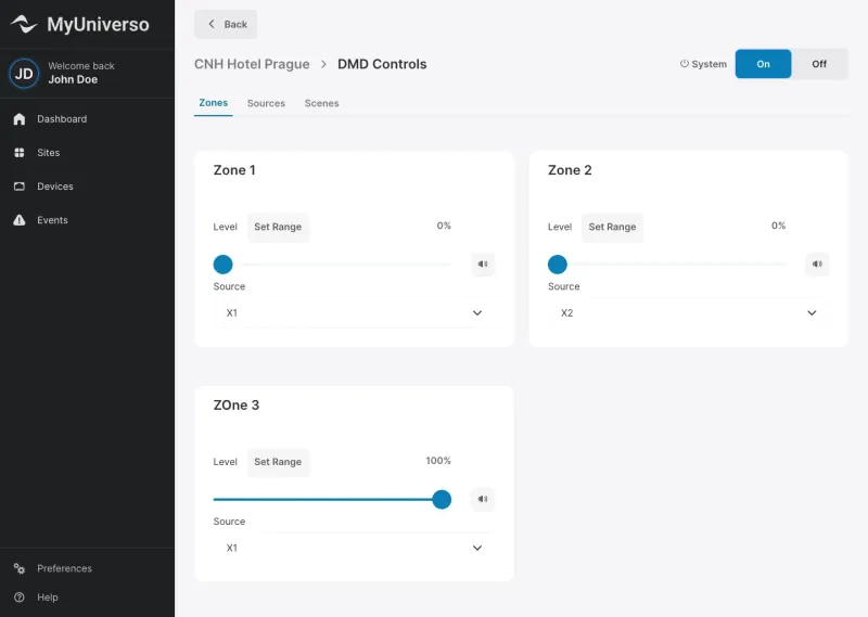 MyUniverso DMD Controls for a hotel site: level and source settings for three zones