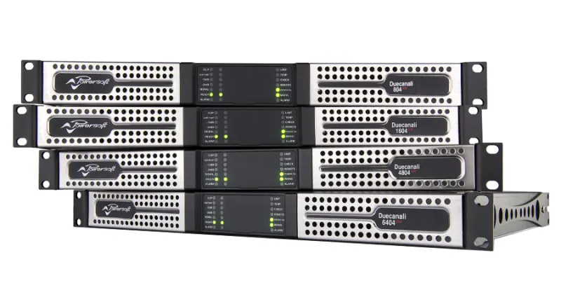 Four stacked Duecanali amplifiers, front view: Duecanali 804, 1604, 4804 and 6404