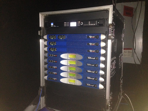 Touring rack with a processor, three Powersoft M Series and five K Series amplifiers