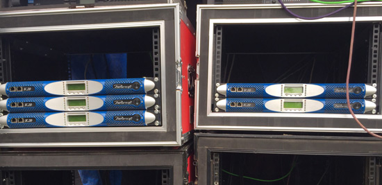 Two touring racks with five Powersoft K20 amplifiers