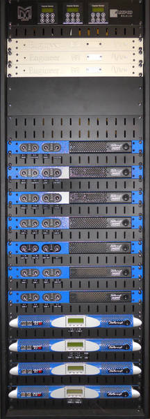 Equipment rack at Club Reflex: Martin Audio processors at the top, Powersoft amplifiers below