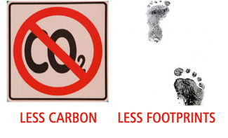 No-CO2 sign and bare footprints above the captions Less carbon and Less footprints