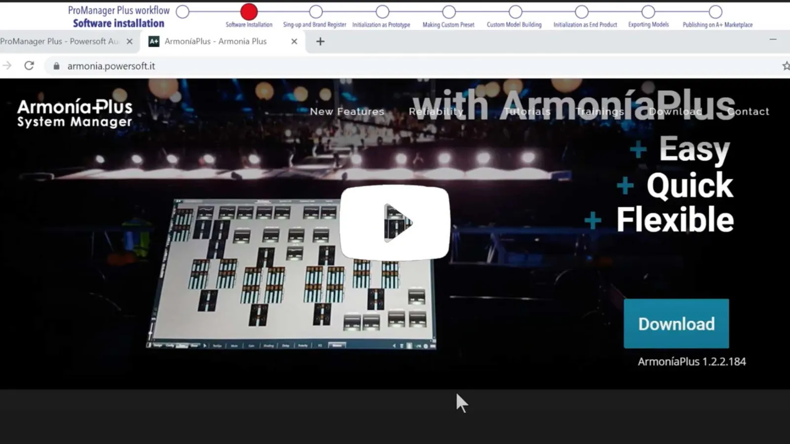 Fotogramma del video ProManager Plus workflow, passo di installazione del software, con la pagina di download di ArmoníaPlus