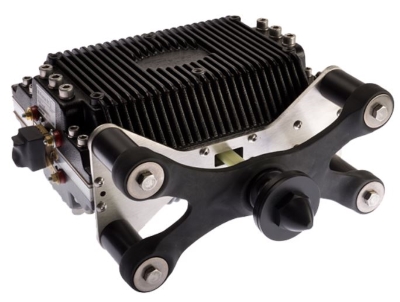 Powersoft M-Force motor with finned black housing and suspension arms