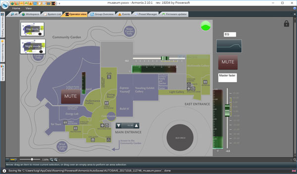 Armonía Operator view: museum floor plan with zones, mute buttons, EQ and master fader