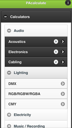 PAcalculate Calculators menu: audio (acoustics, electronics, cabling), lighting, electricity, music and recording