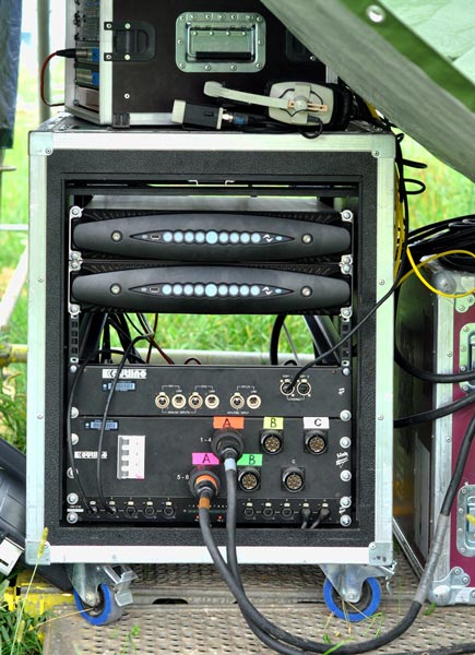 Rack case with two Powersoft X8 amplifiers and connector panels on the grass at World Youth Day in Kraków