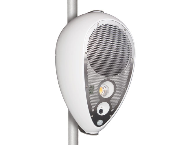 Powersoft Deva unit mounted on a pole, with loudspeaker grille, lamp and camera