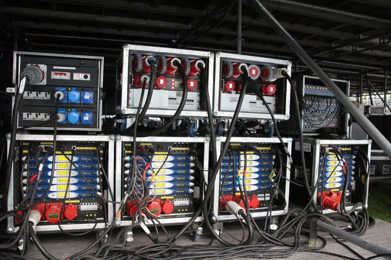 Amplifier racks and power distribution units cabled under the stage, JLO Dancing Again World Tour in Poland
