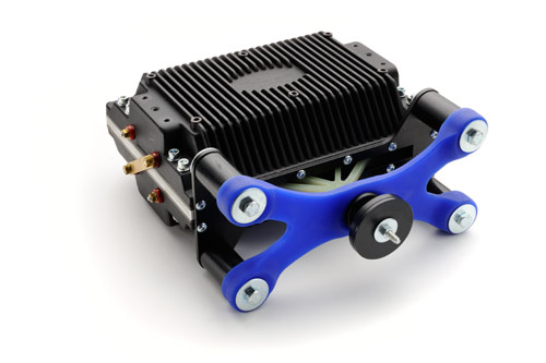 Powersoft M-Force motor: black finned housing with blue X-shaped parts on each side