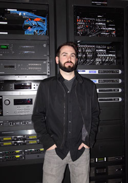 Brett M. Grossman of Hollywood Sound in front of the equipment racks at Temple Israel of Hollywood