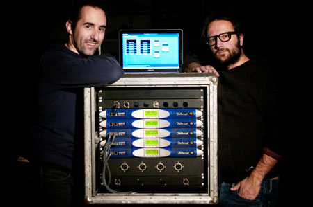 Claudio Scavazza (left) and Diego De Ferrari beside a rack of five Powersoft K Series amplifiers