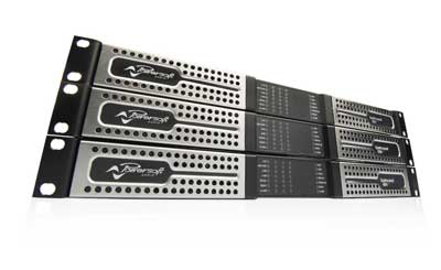 Three Quattrocanali amplifiers stacked, angled front view