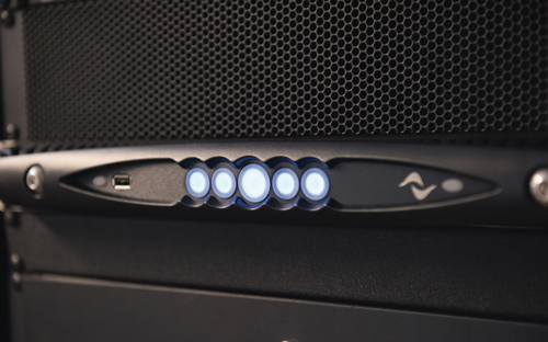 Front panel detail of a Powersoft X4 amplifier with illuminated buttons
