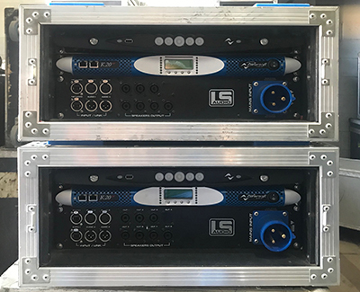 Two LS Audio flight cases, each with an X4 above a K20 amplifier and a connector panel