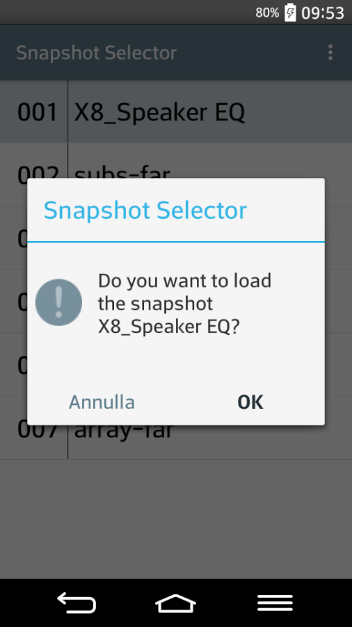 Snapshot Selector dialog asking to confirm loading the snapshot X8_Speaker EQ